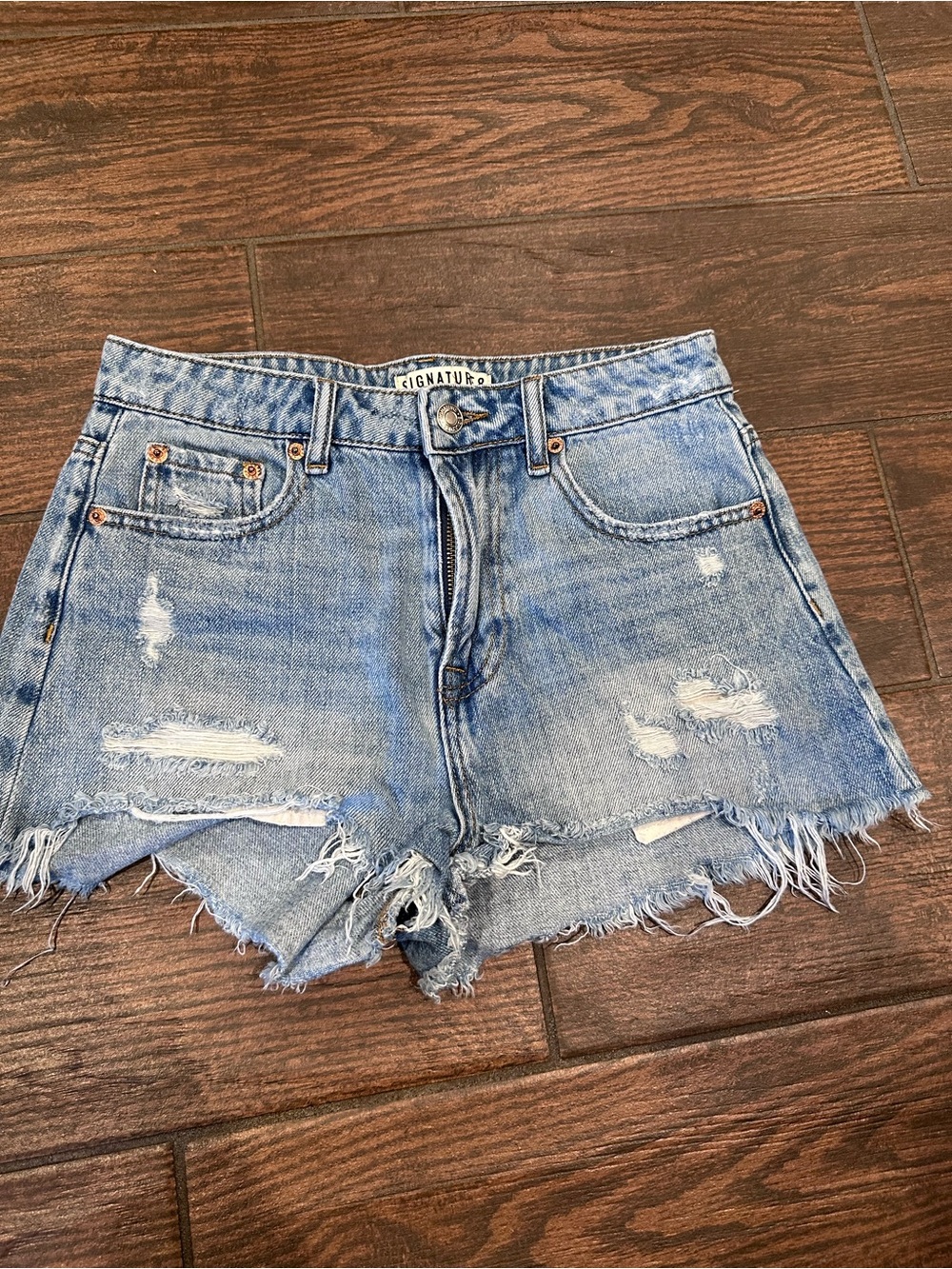 Signature8 Light Blue Distressed Raw Hem Denim Shorts